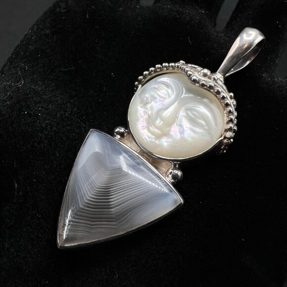 Sajen Moon Goddess Pendant Sterling Silver Carved Mother of Pearl and Agate 1.8" - Picture 2 of 13